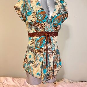 Agenda Cream Floral V-Neck Waist Tie Tunic with Turquoise & Brown Accents